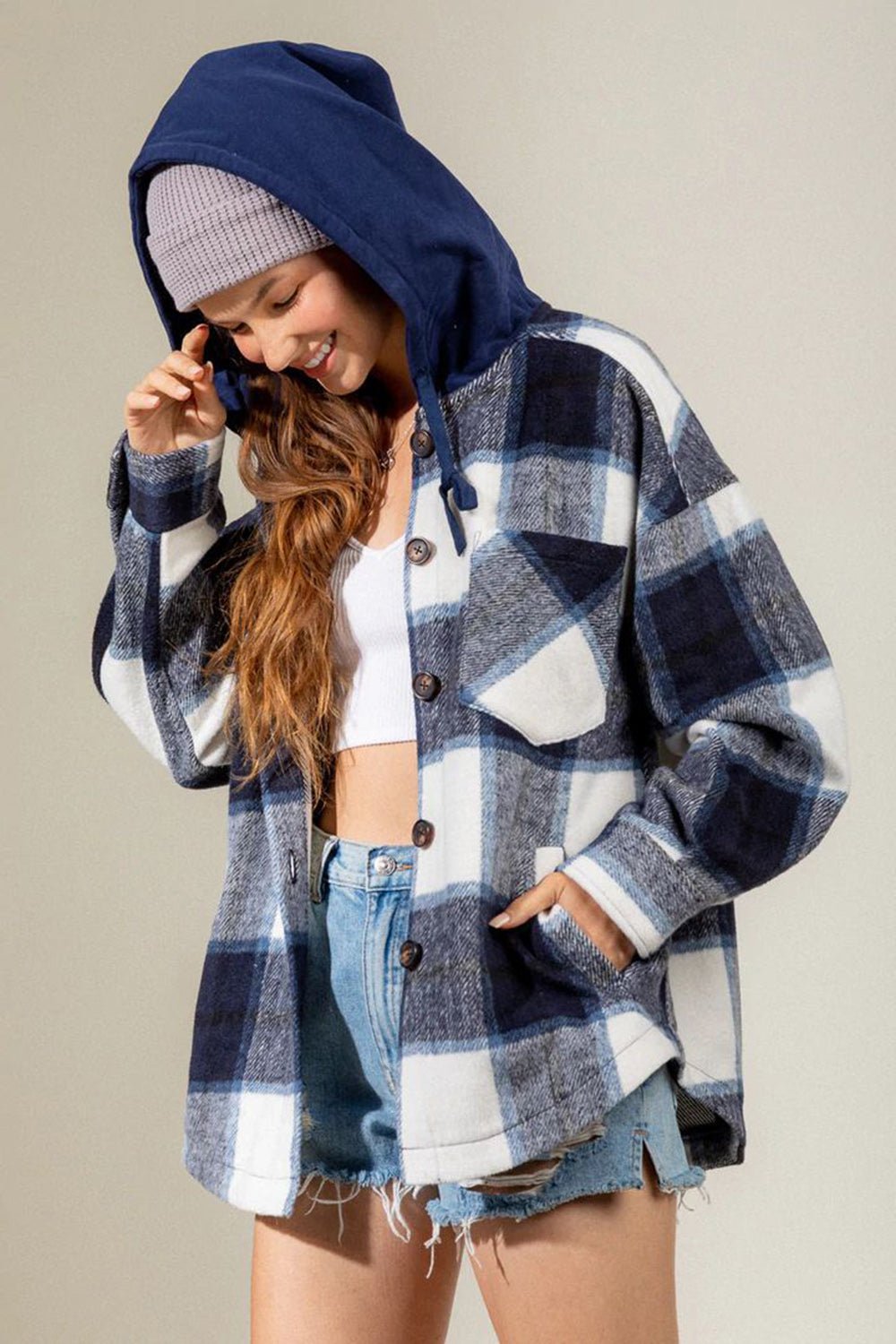 Drawstring Plaid Dropped Shoulder Hooded Shacket - Bitsy Gypsy Boutique