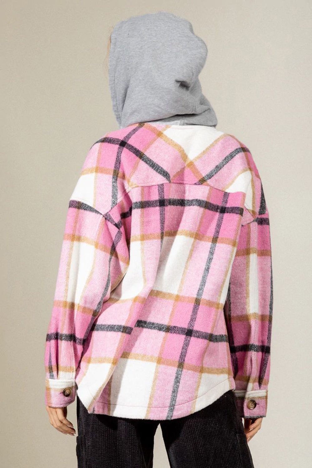 Drawstring Plaid Dropped Shoulder Hooded Shacket - Bitsy Gypsy Boutique