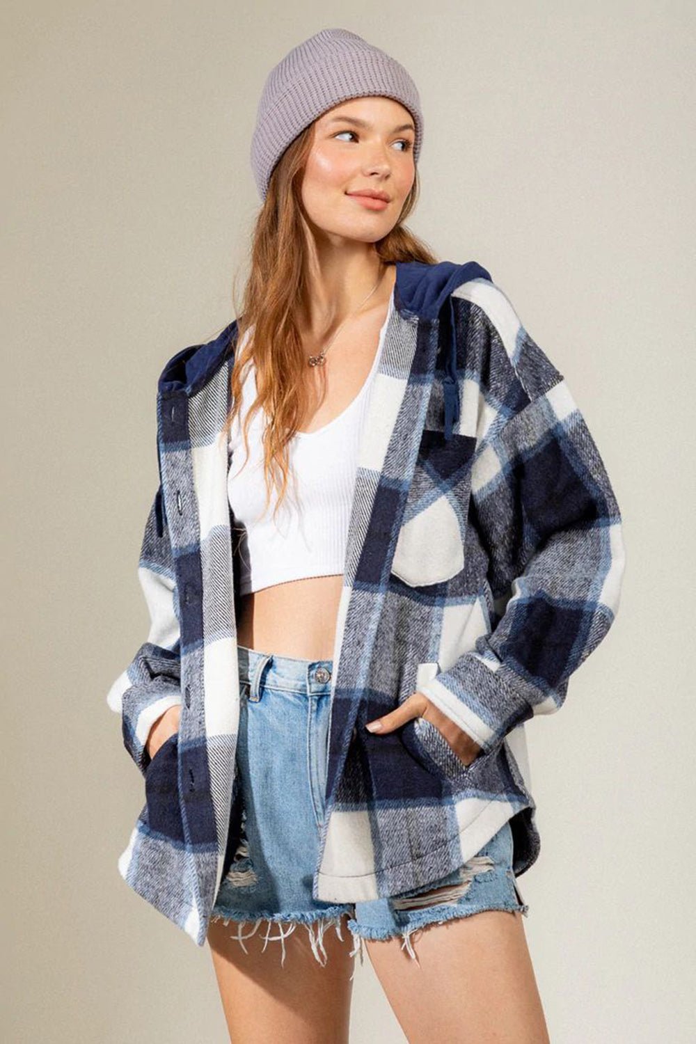 Drawstring Plaid Dropped Shoulder Hooded Shacket - Bitsy Gypsy Boutique