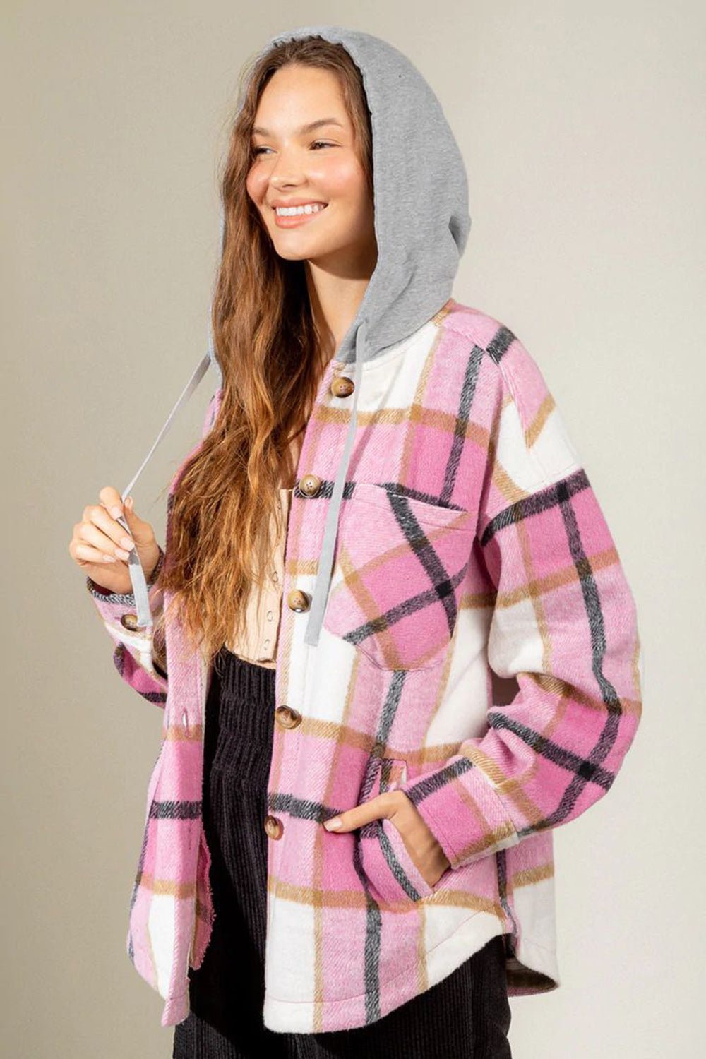 Drawstring Plaid Dropped Shoulder Hooded Shacket - Bitsy Gypsy Boutique