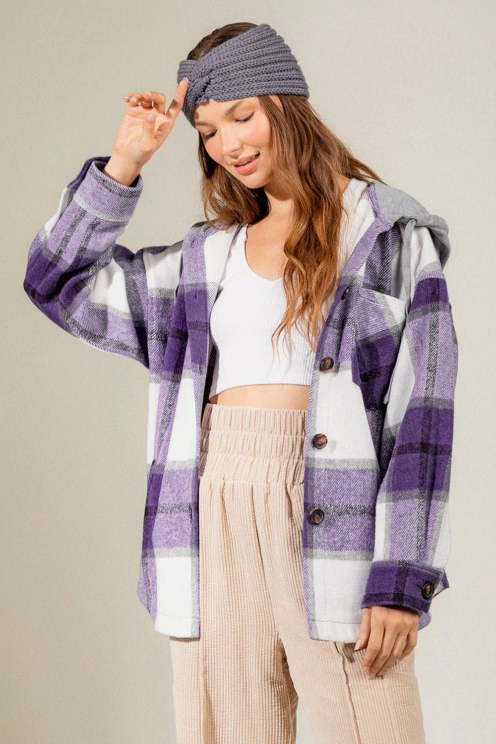 Drawstring Plaid Dropped Shoulder Hooded Shacket - Bitsy Gypsy Boutique