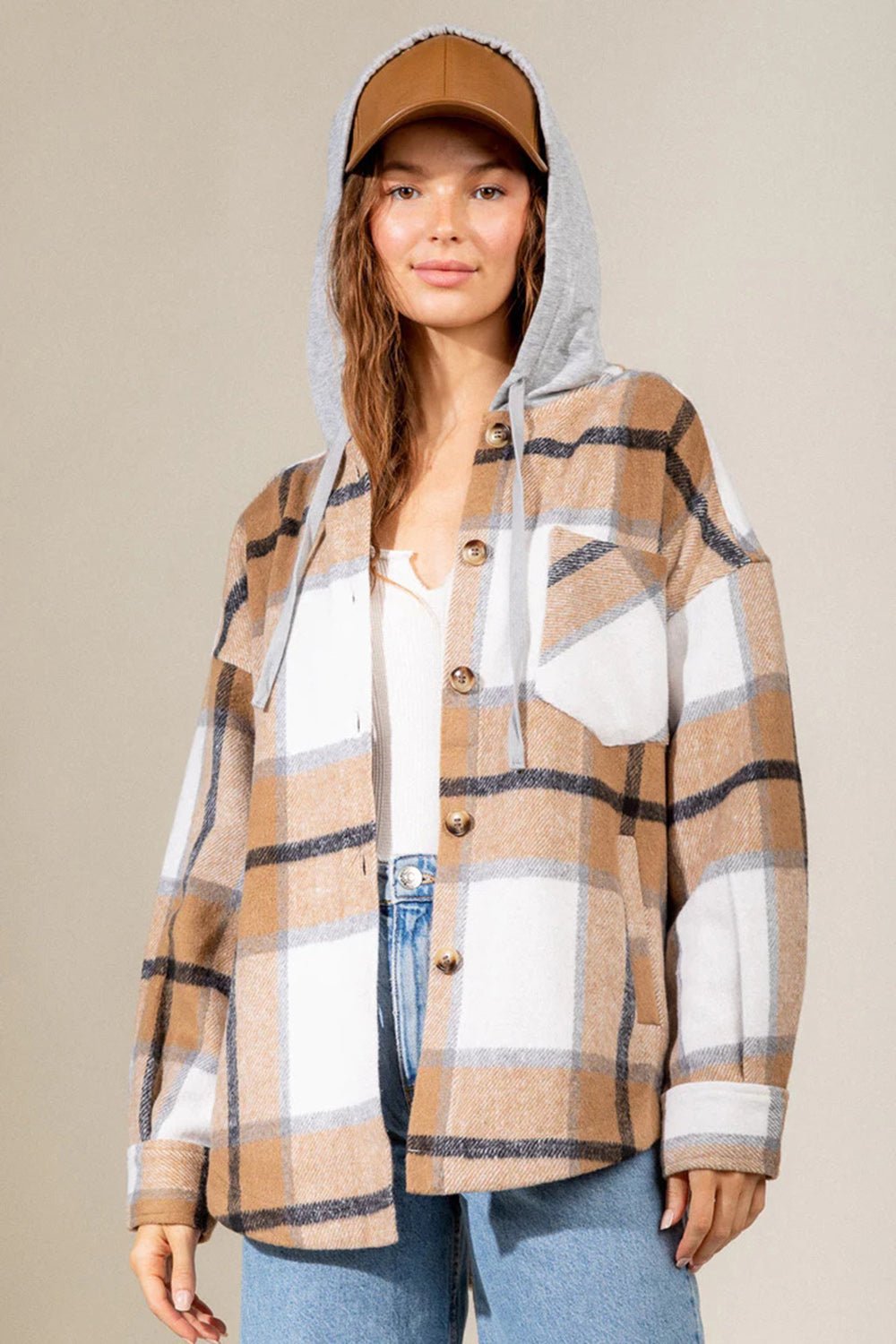 Drawstring Plaid Dropped Shoulder Hooded Shacket - Bitsy Gypsy Boutique