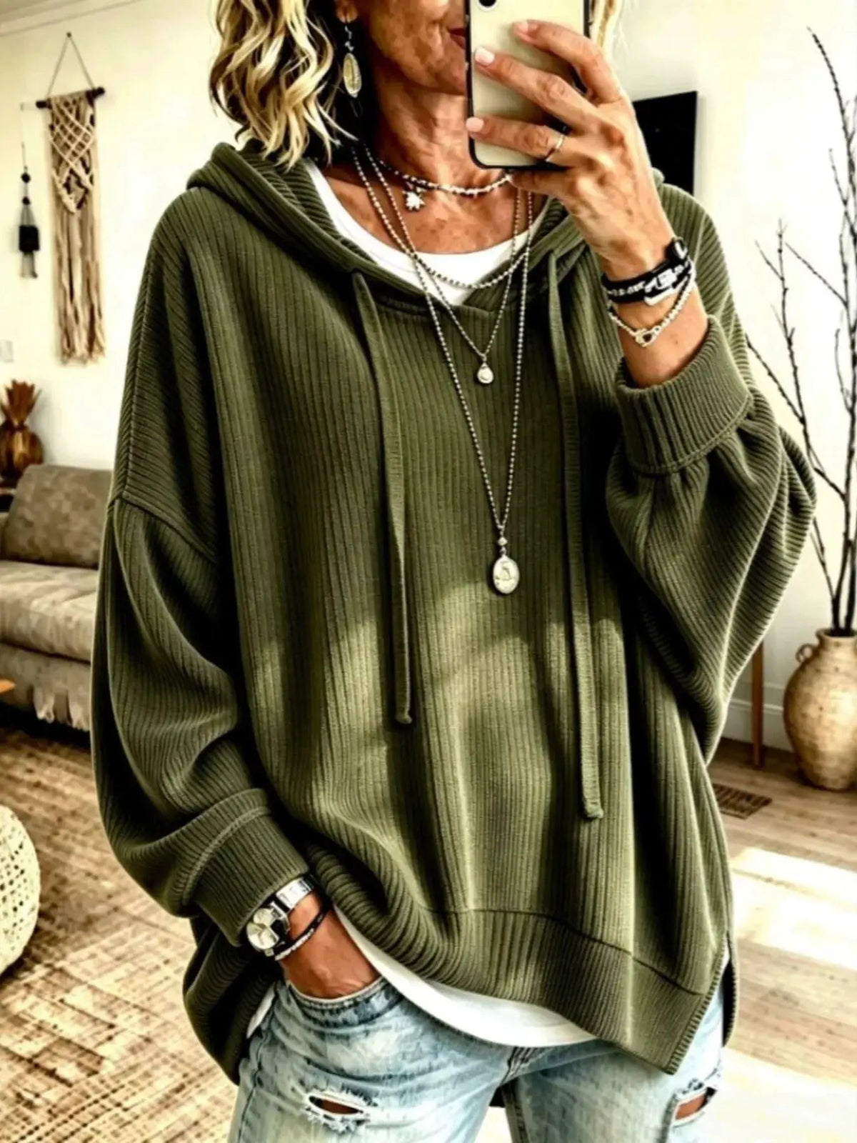 Drawstring Ribbed Knit Hoodie - Bitsy Gypsy Boutique