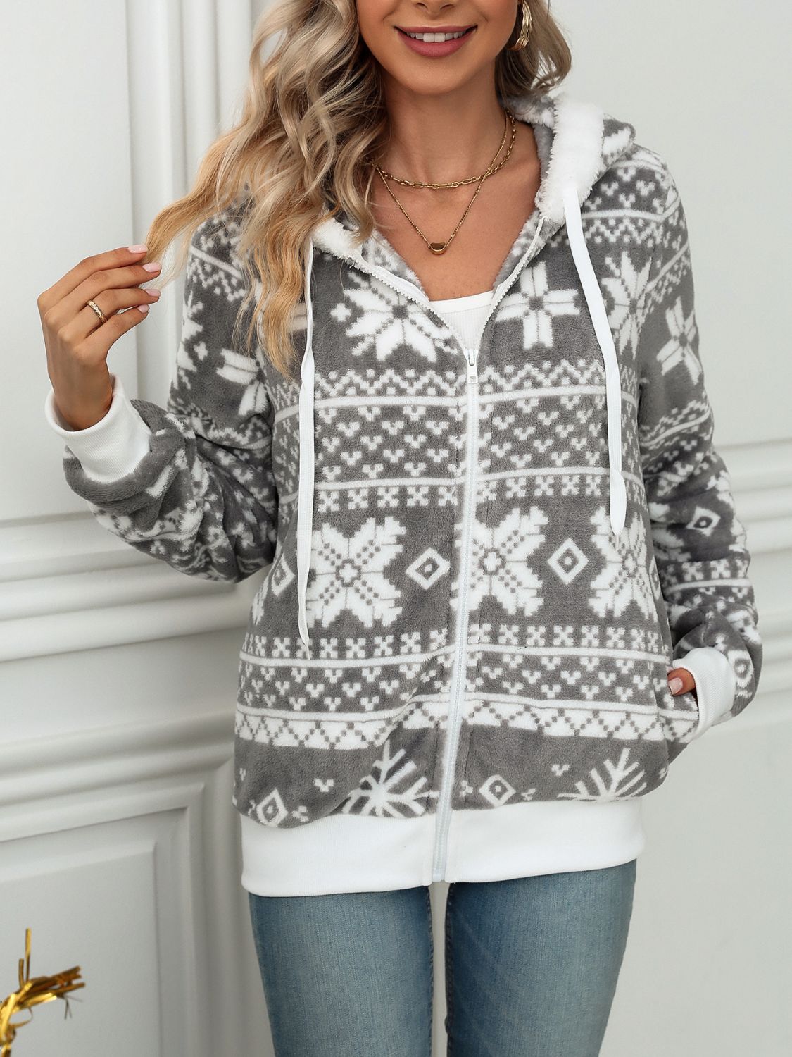 Drawstring Snowflake Zip Up Hooded Outerwear - Bitsy Gypsy Boutique