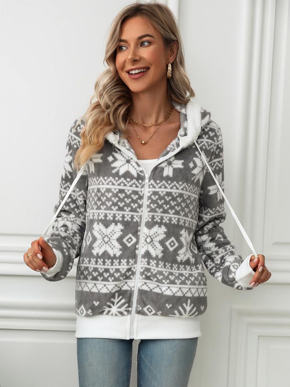 Drawstring Snowflake Zip Up Hooded Outerwear - Bitsy Gypsy Boutique