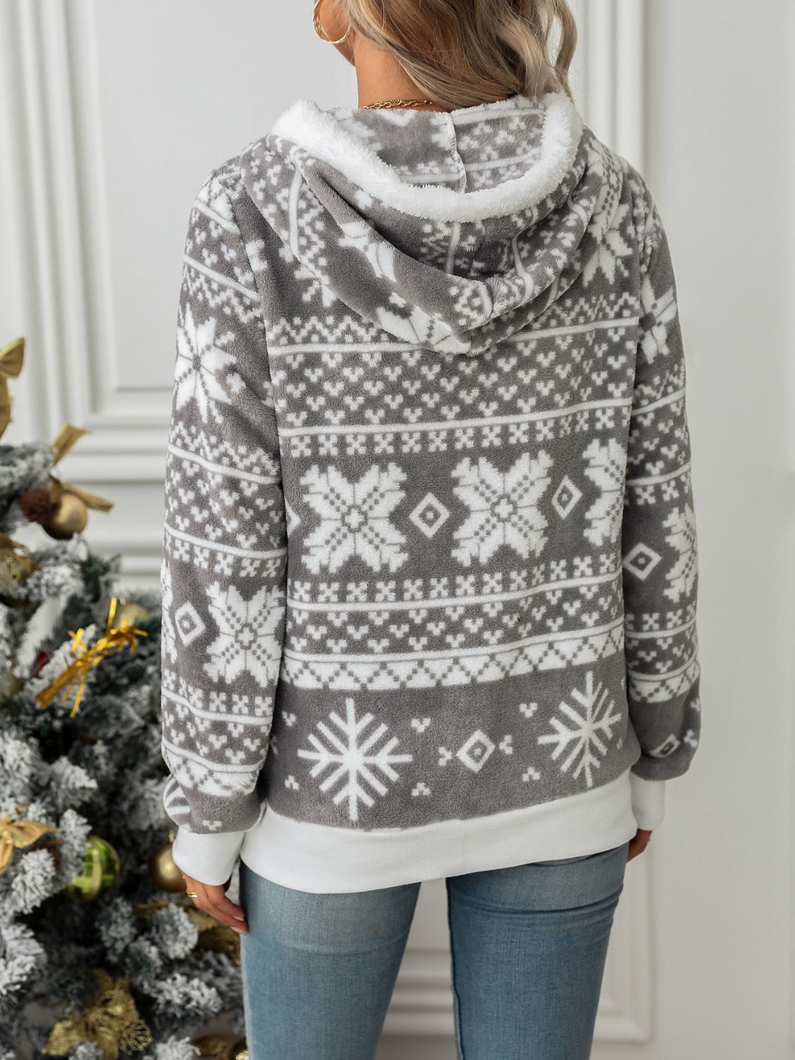 Drawstring Snowflake Zip Up Hooded Outerwear - Bitsy Gypsy Boutique