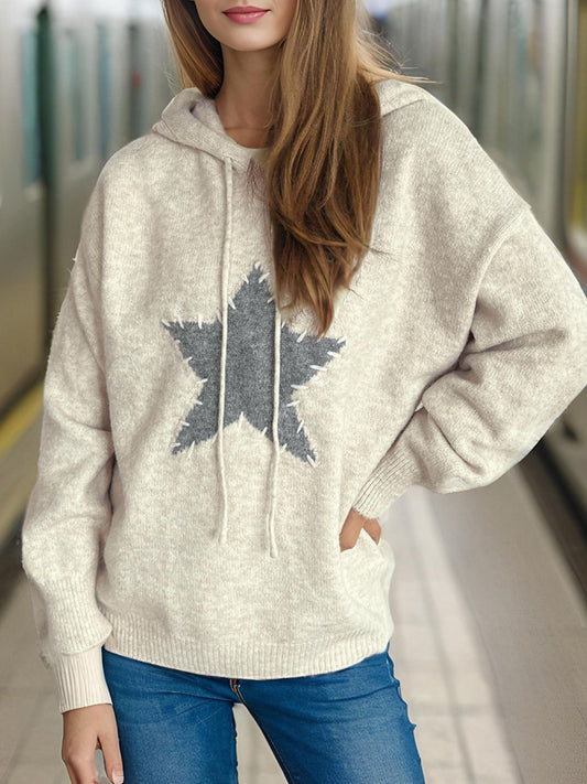 Drawstring Star Long Sleeve Hooded Sweater - Bitsy Gypsy Boutique