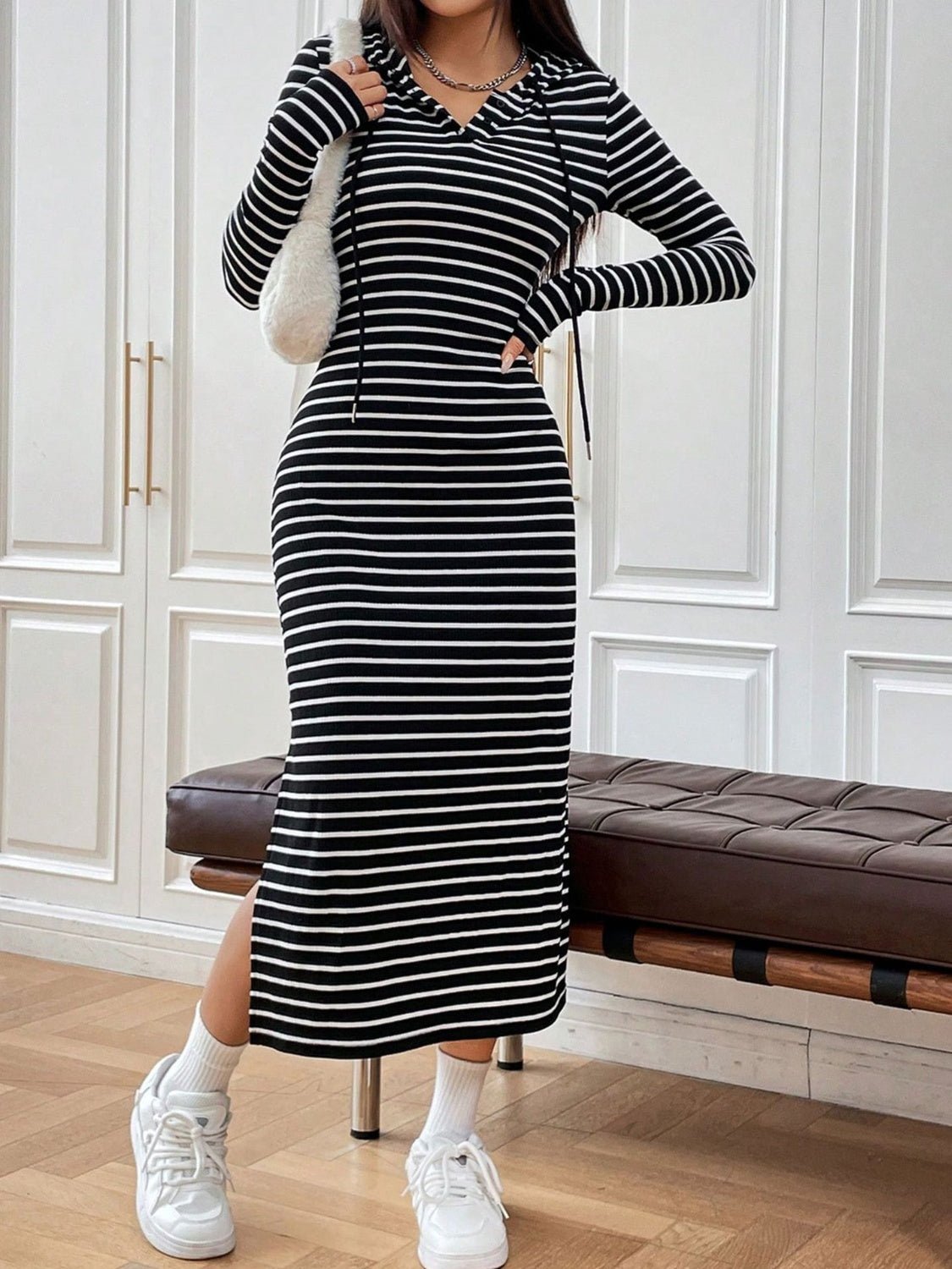 Drawstring Striped Long Sleeve Hooded Dress - Bitsy Gypsy Boutique