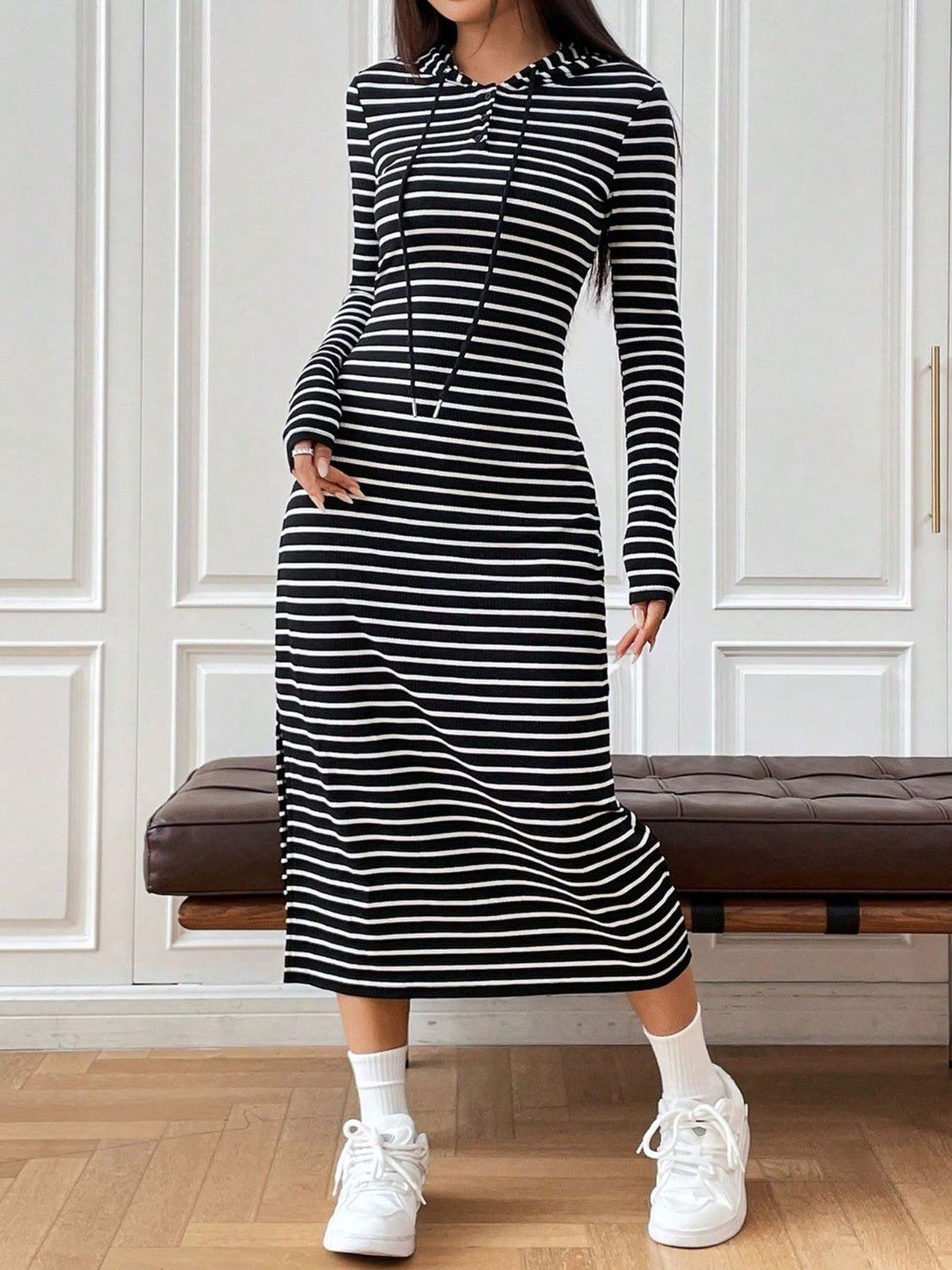 Drawstring Striped Long Sleeve Hooded Dress - Bitsy Gypsy Boutique