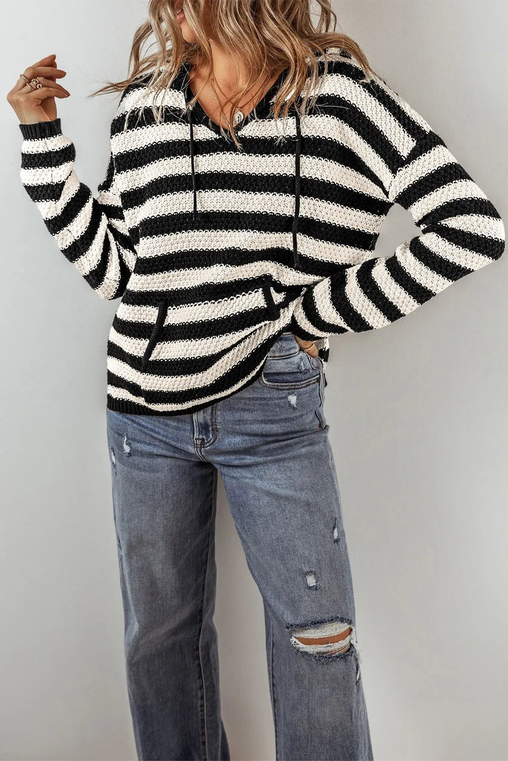 Drawstring Striped Long Sleeve Hooded Sweater - Bitsy Gypsy Boutique