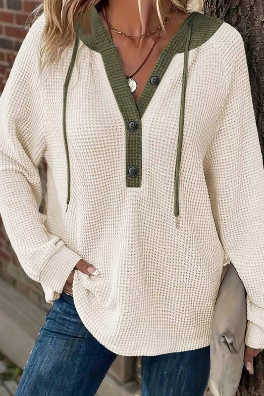 Drawstring Waffle Knit Henley Hoodie - Bitsy Gypsy Boutique