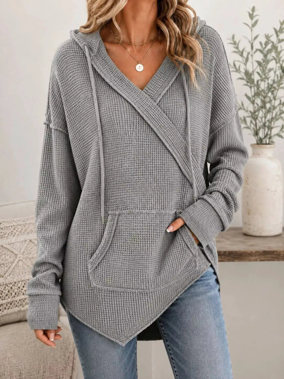 Drawstring Waffle Knit Hoodie - Bitsy Gypsy Boutique