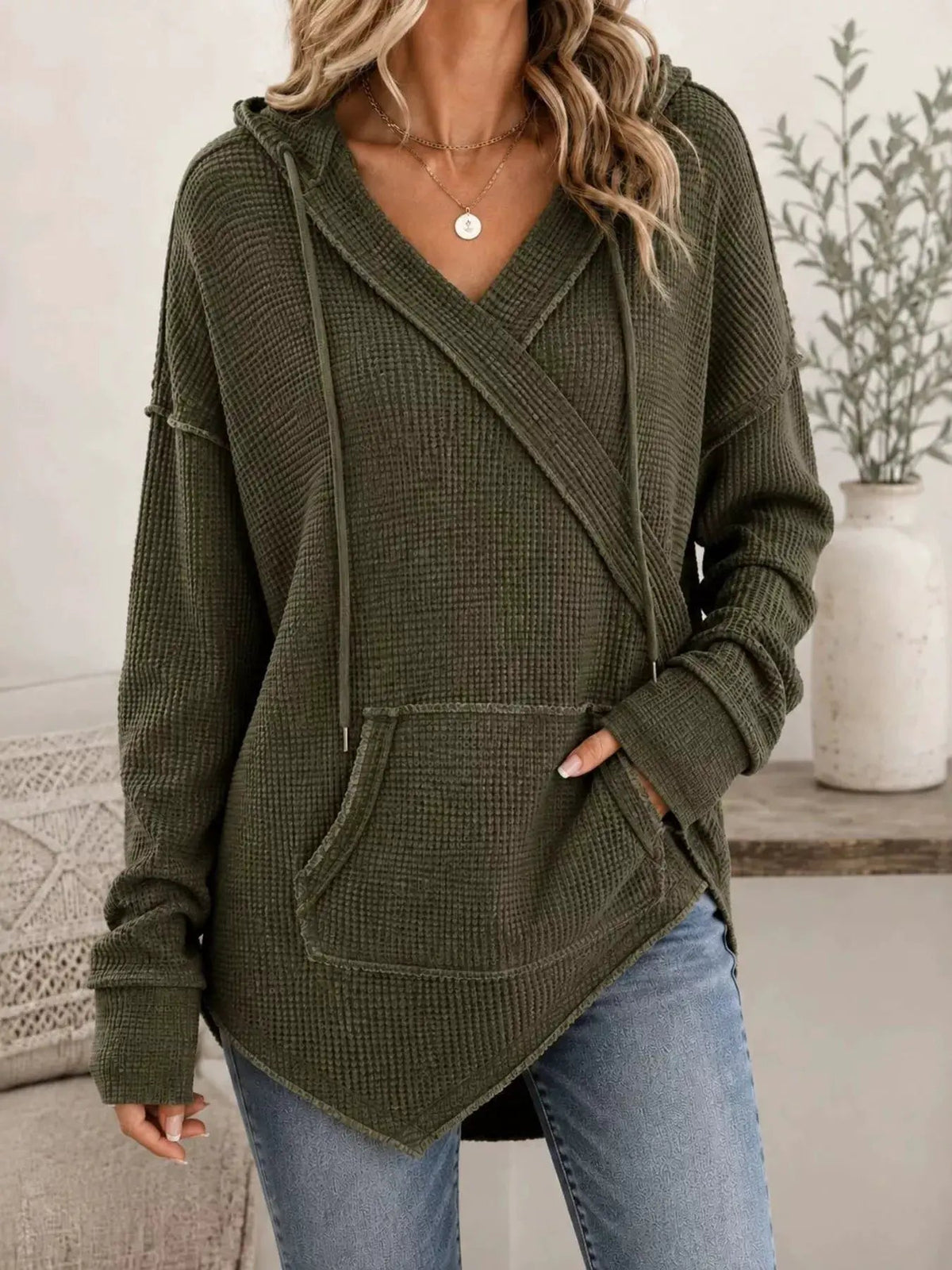 Drawstring Waffle Knit Hoodie - Bitsy Gypsy Boutique