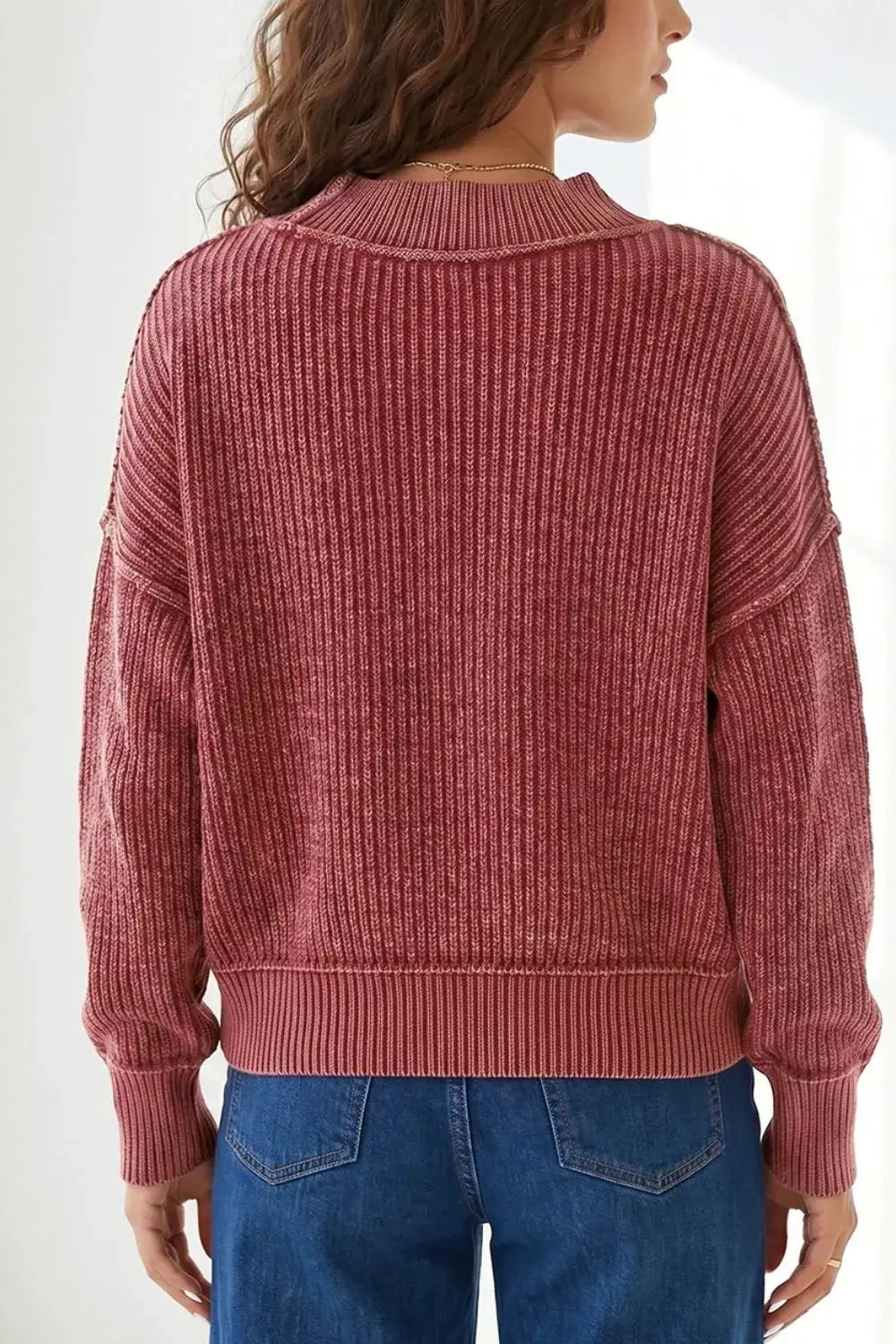 Drop Shoulder High Neck Ribbed Sweater by Trendsi
