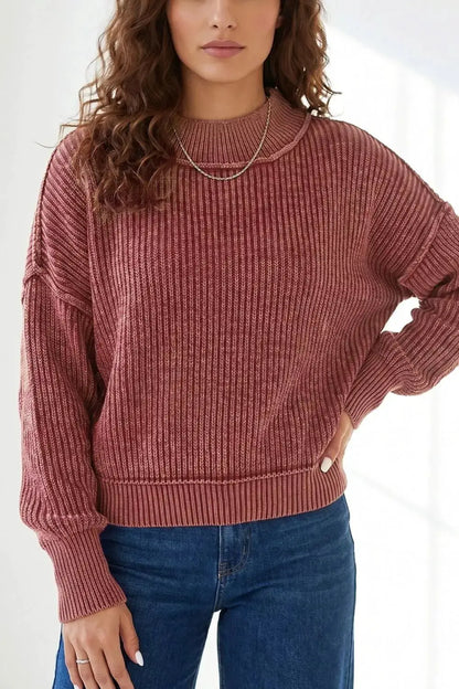 Drop Shoulder High Neck Ribbed Sweater by Trendsi