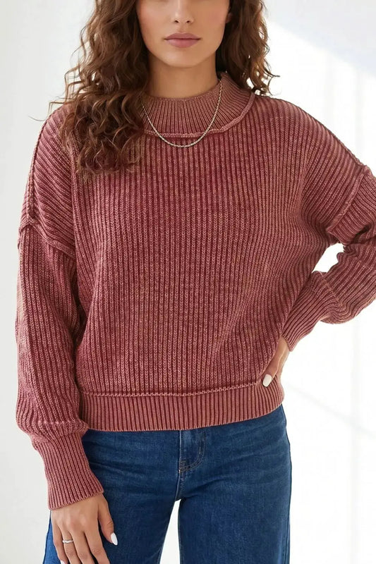 Drop Shoulder High Neck Ribbed Sweater by Trendsi
