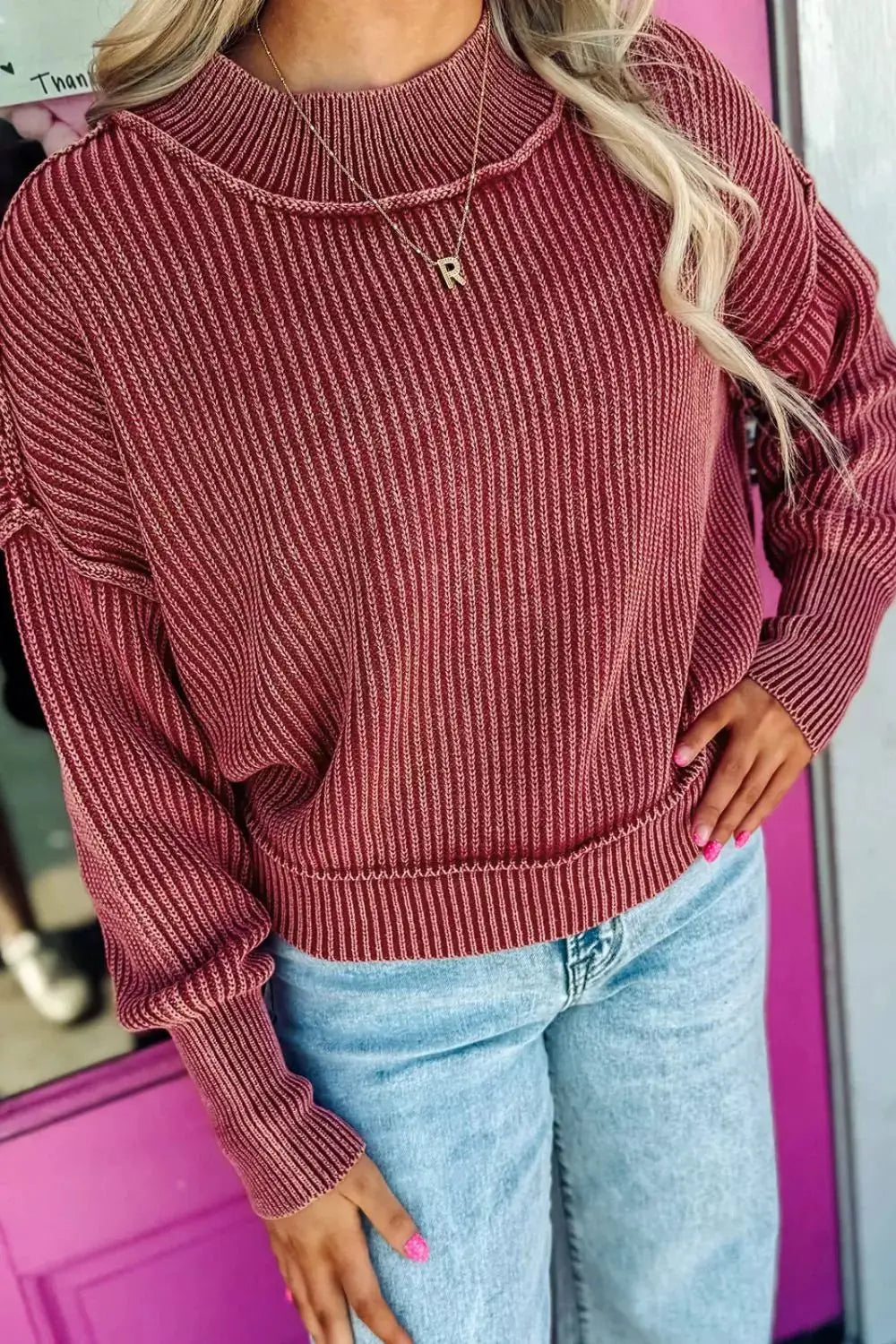 Drop Shoulder High Neck Ribbed Sweater by Trendsi
