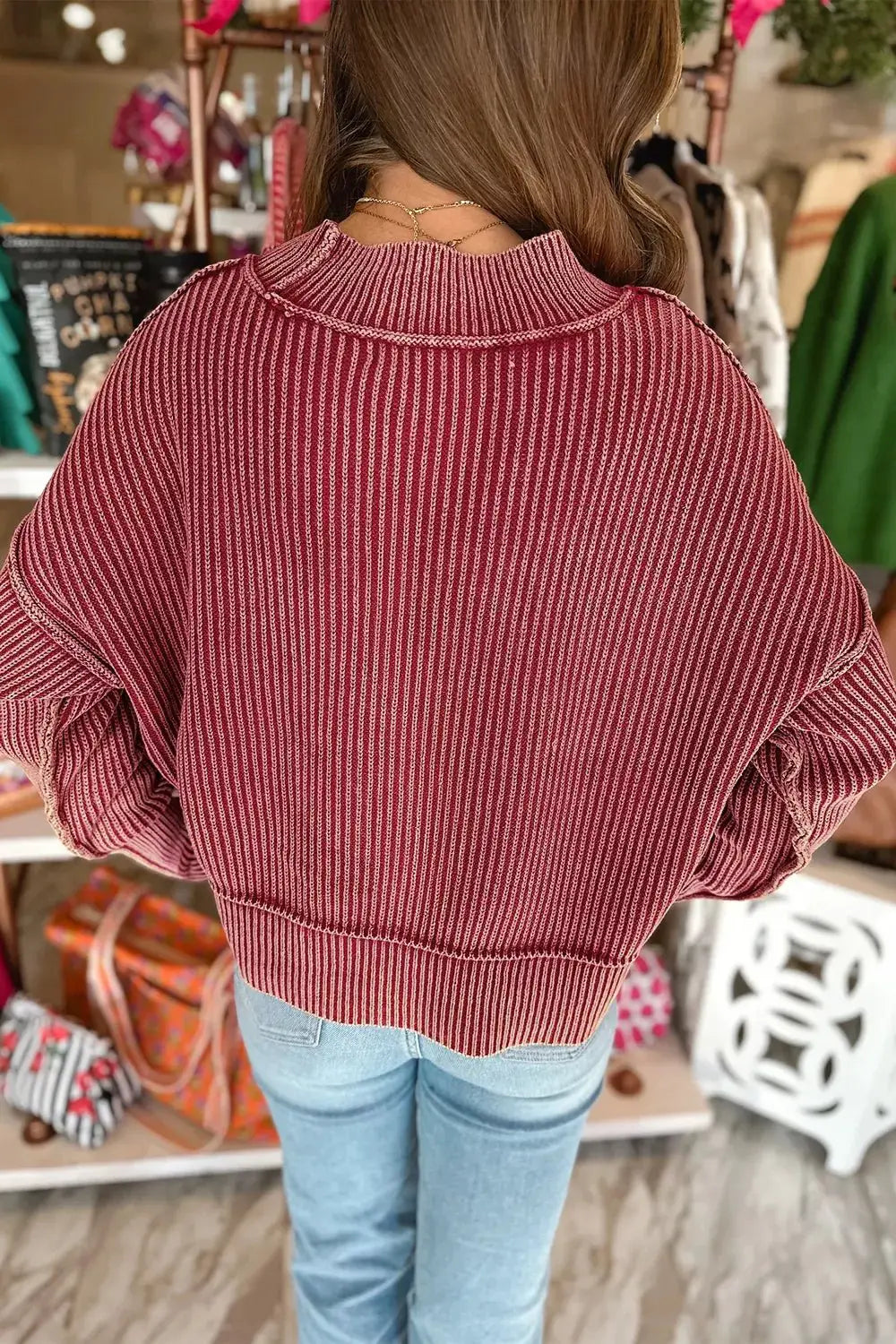 Drop Shoulder High Neck Ribbed Sweater by Trendsi