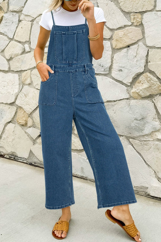 Dusk Blue Adjustable Tie Straps Cropped Wide Leg Denim Overalls - Bitsy Gypsy Boutique