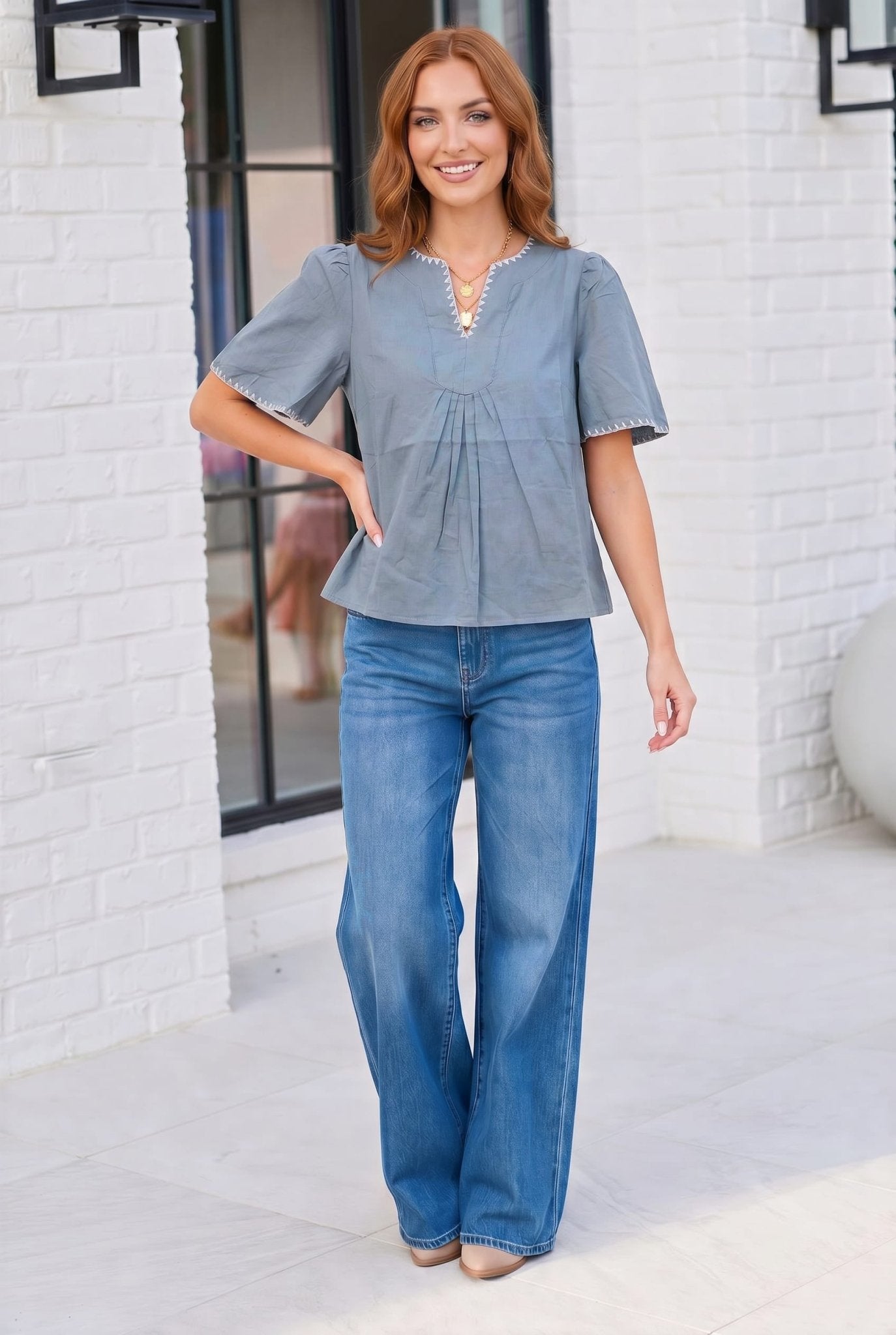 Dusty Blue Dreams Embroidered V-Neck Top - Bitsy Gypsy Boutique