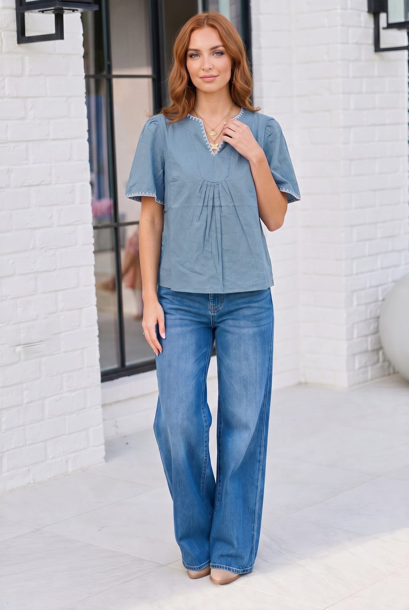 Dusty Blue Dreams Embroidered V-Neck Top - Bitsy Gypsy Boutique