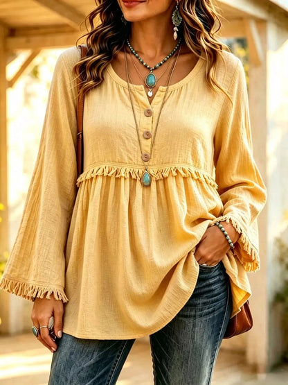 Dusty Pink Button Down Fringe Bell Sleeve Blouse - Bitsy Gypsy Boutique