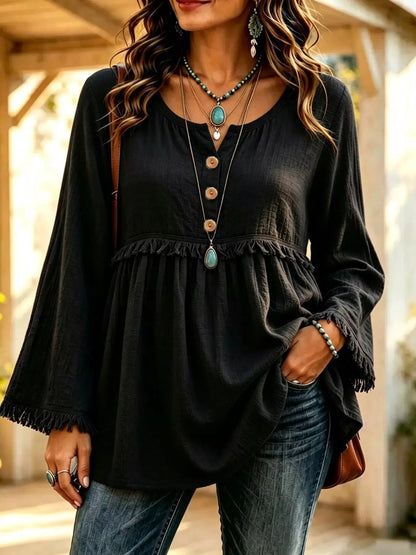 Dusty Pink Button Down Fringe Bell Sleeve Blouse - Bitsy Gypsy Boutique