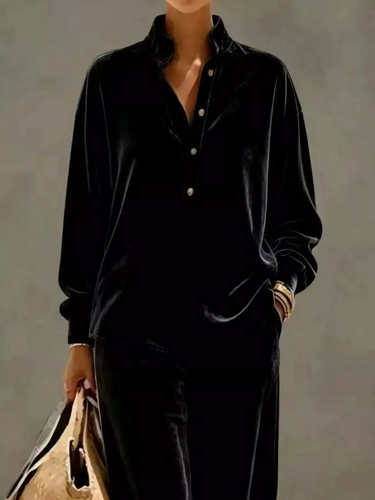 Full Size Half Button Top and Wide Leg Pants Set Plus Size by Trendsi