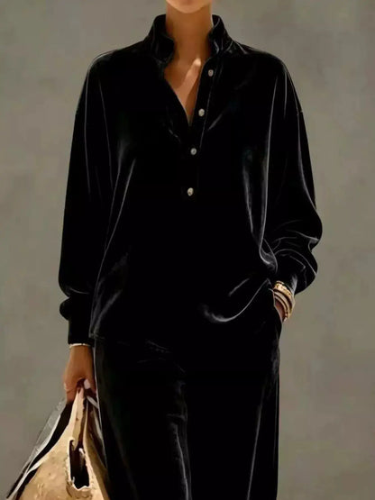 Full Size Half Button Top and Wide Leg Pants Set Plus Size by Trendsi