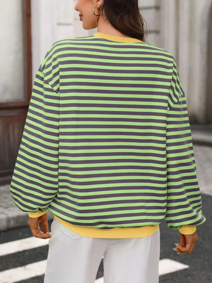 Contrast Trim Striped Crew Neck Sweatshirt by Trendsi