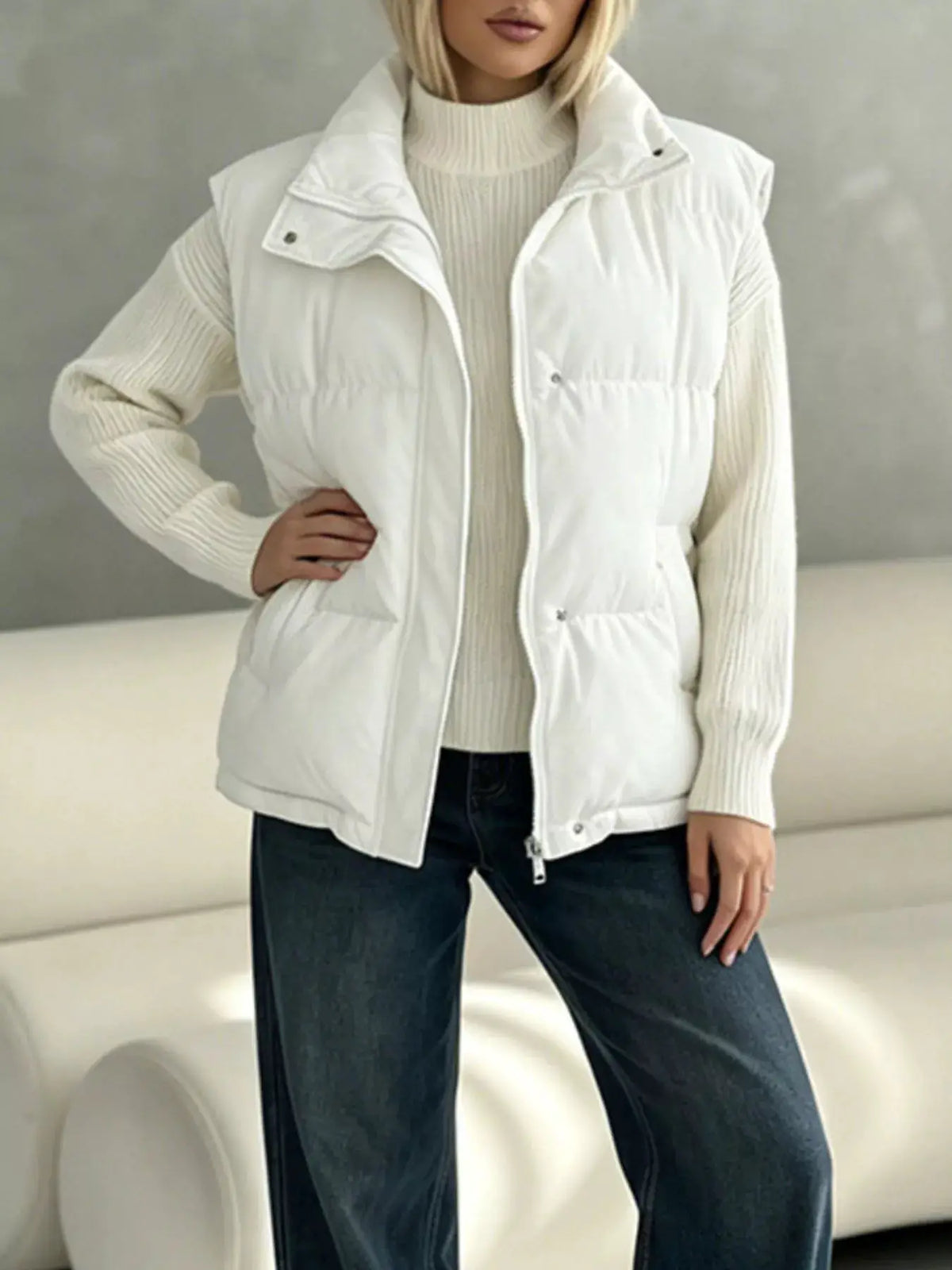Snap-Button Placket Quilted Puffer Vest Coat by Trendsi