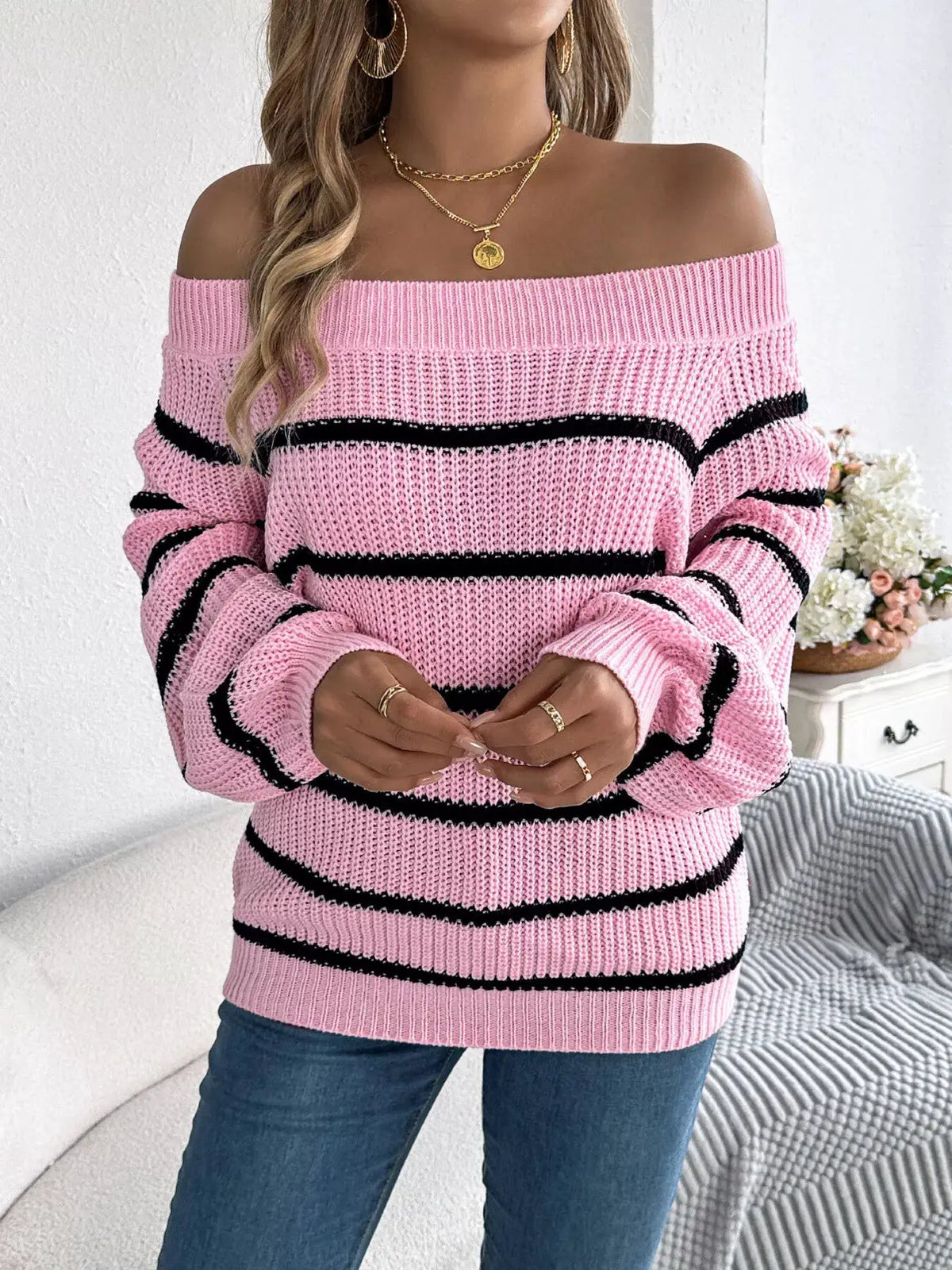 Off-Shoulder Striped Contrast Sweater by Trendsi