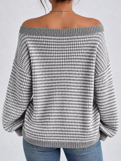 Striped Knit Boat Neck Sweater by Trendsi