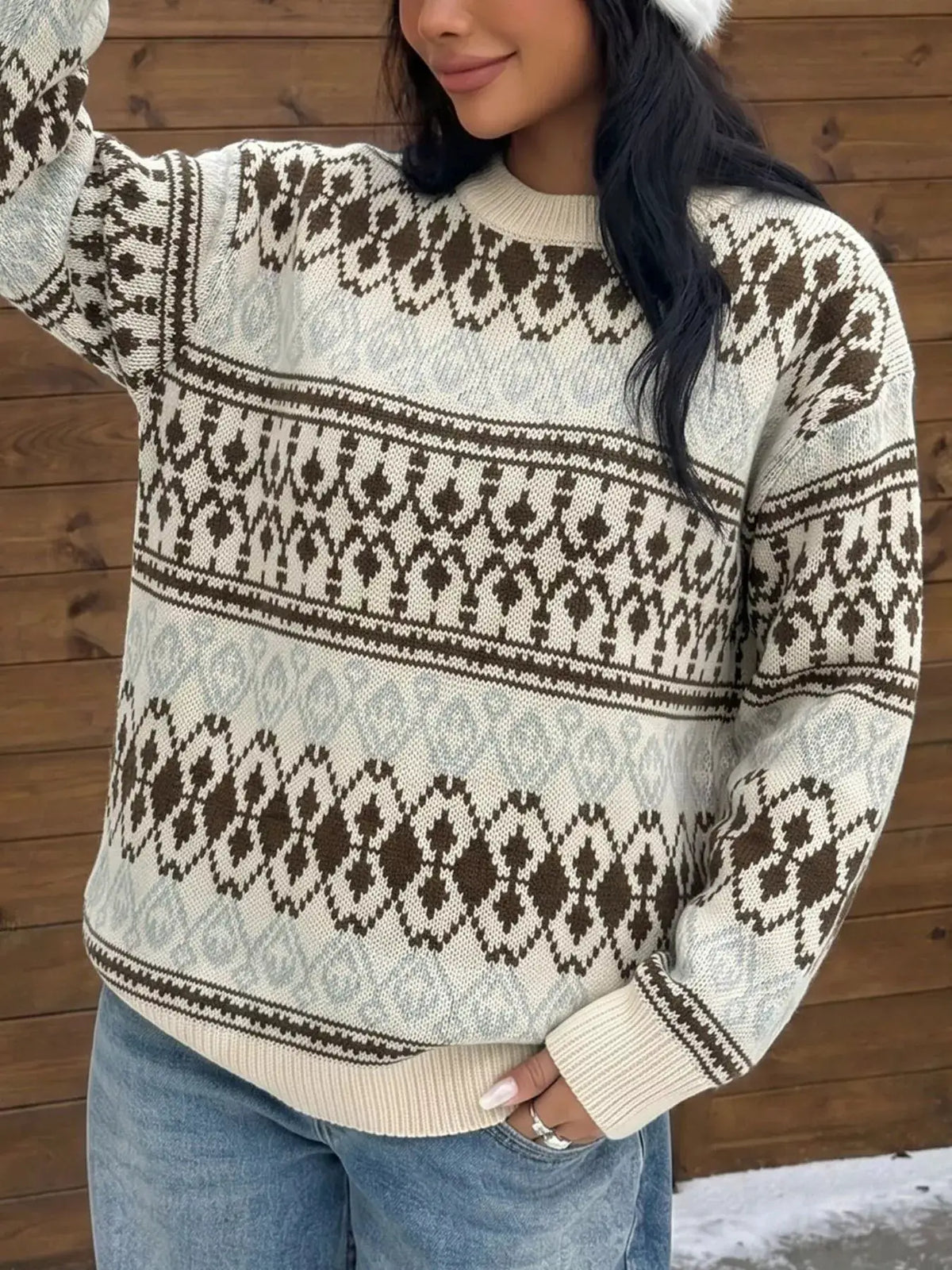 Fair Isle Pattern Crew Neck Sweater by Trendsi