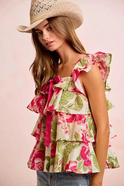 BiBi Floral Print Woven Bow Tie Ruffle Square Neck Top by Trendsi