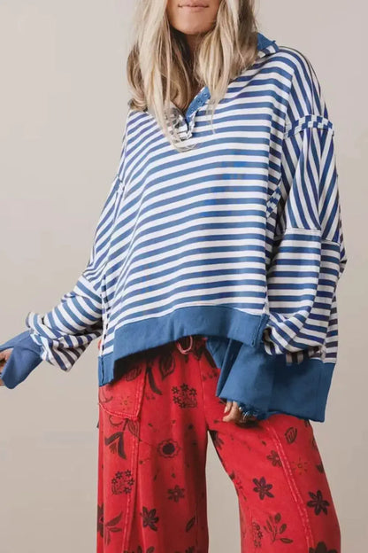 Stripe Color Block Trim Raw Seam Split Hem Loose Sweatshirt by Trendsi