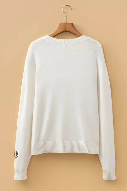 Sequin Football Print Round Neck Long Sleeve Loose Fit Sweater by Trendsi