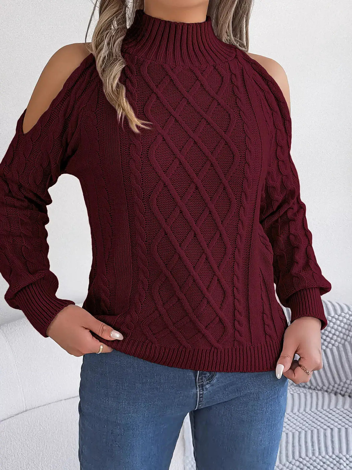 Cold-Shoulder Cable Knit Sweater by Trendsi