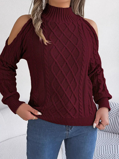 Cold-Shoulder Cable Knit Sweater by Trendsi