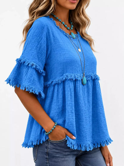 Full Size Frayed Edge Textured Blouse Plus Size by Trendsi