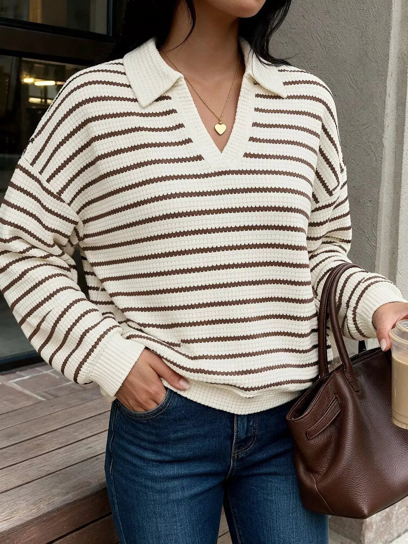 Striped Polo Collar Knit Sweatshirt by Trendsi