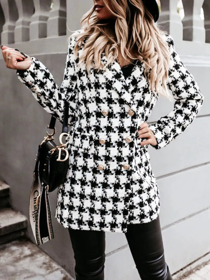 Plaid Tweed Double-Breasted Coat by Trendsi