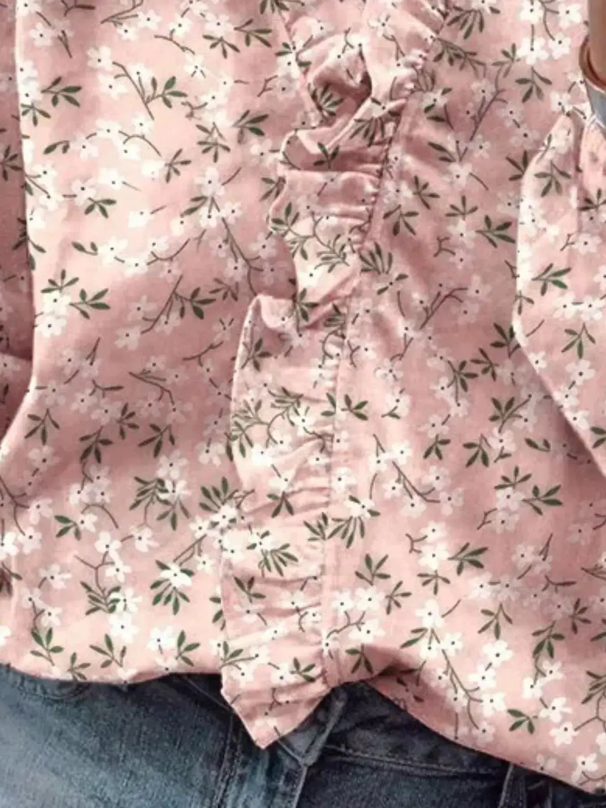 Full Size Printed V-Neck Blouse with Ruffled Plus Size by Trendsi