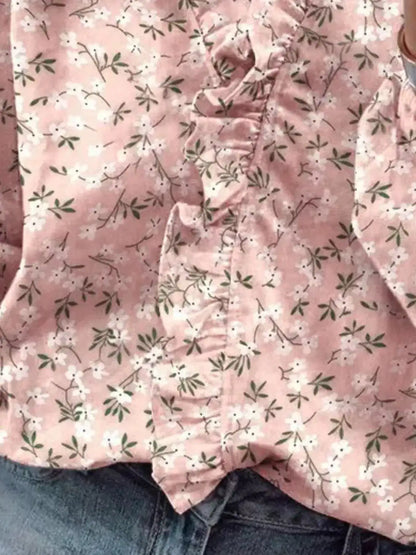 Full Size Printed V-Neck Blouse with Ruffled Plus Size by Trendsi
