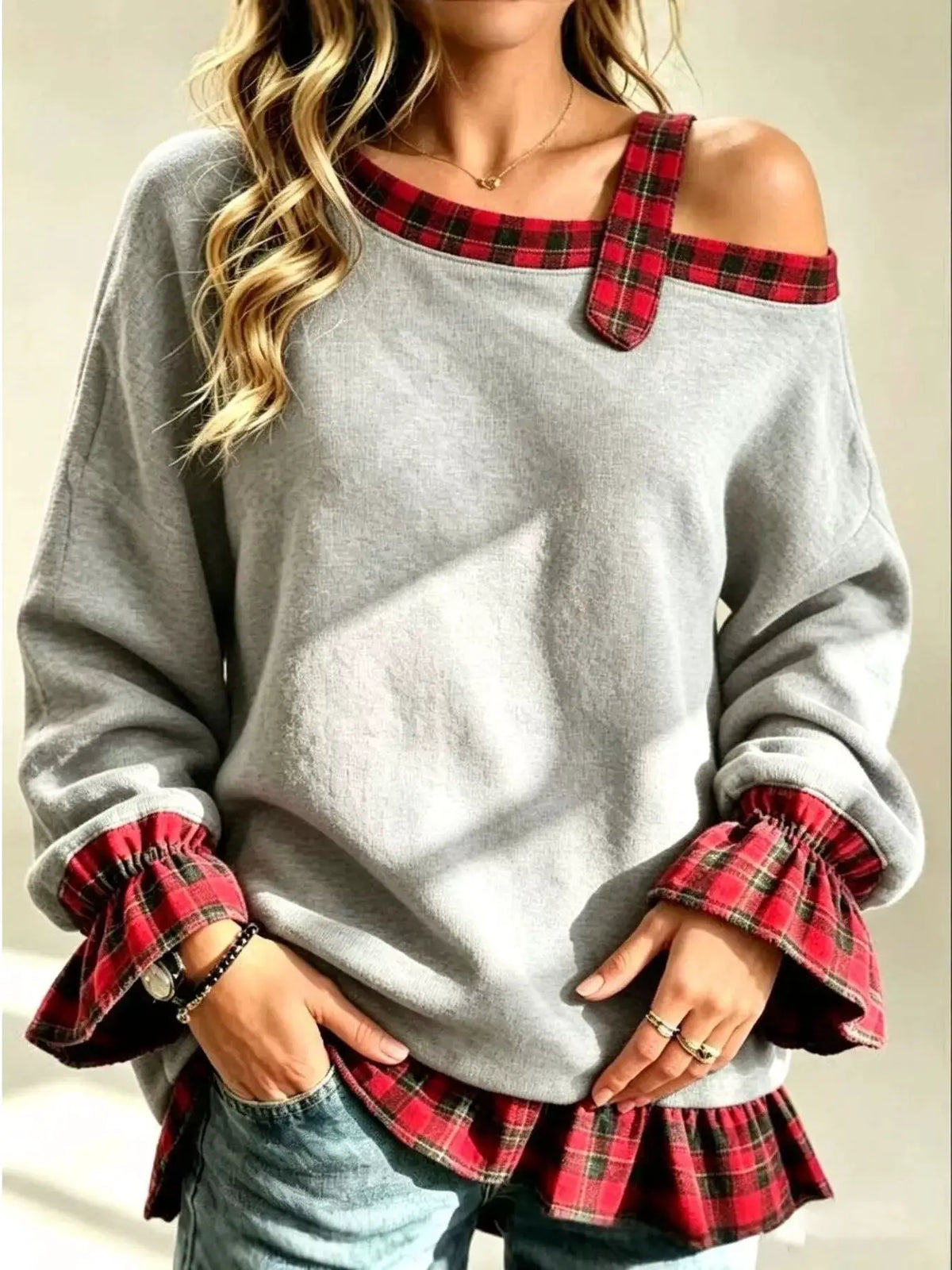 Full Size Cold-Shoulder Plaid Patchwork Long Sleeve Top Plus Size by Trendsi
