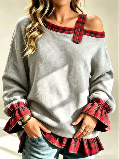 Full Size Cold-Shoulder Plaid Patchwork Long Sleeve Top Plus Size by Trendsi