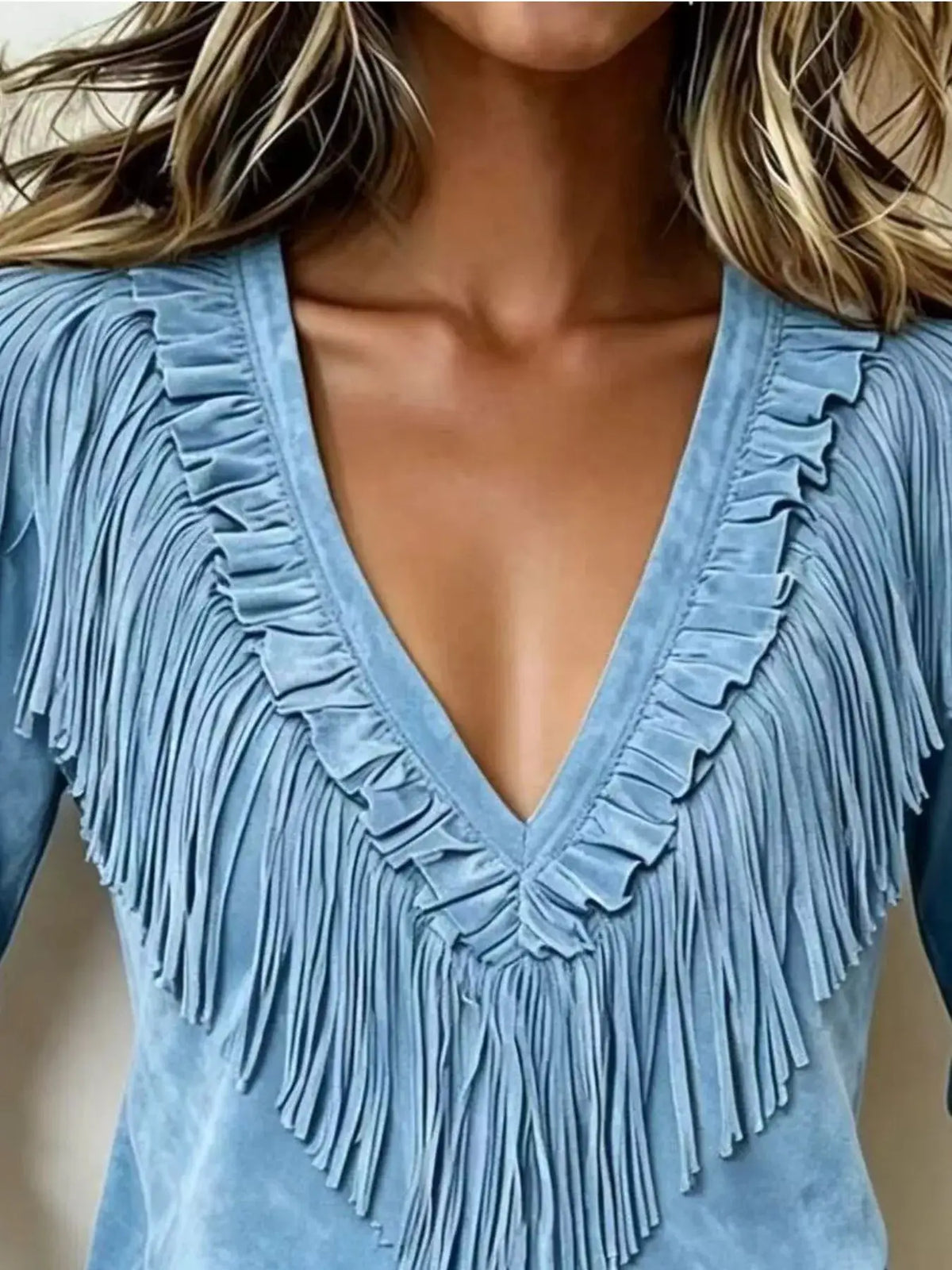 Fringed V-Neck Blouse by Trendsi