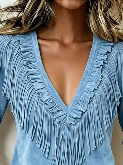 Fringed V-Neck Blouse by Trendsi