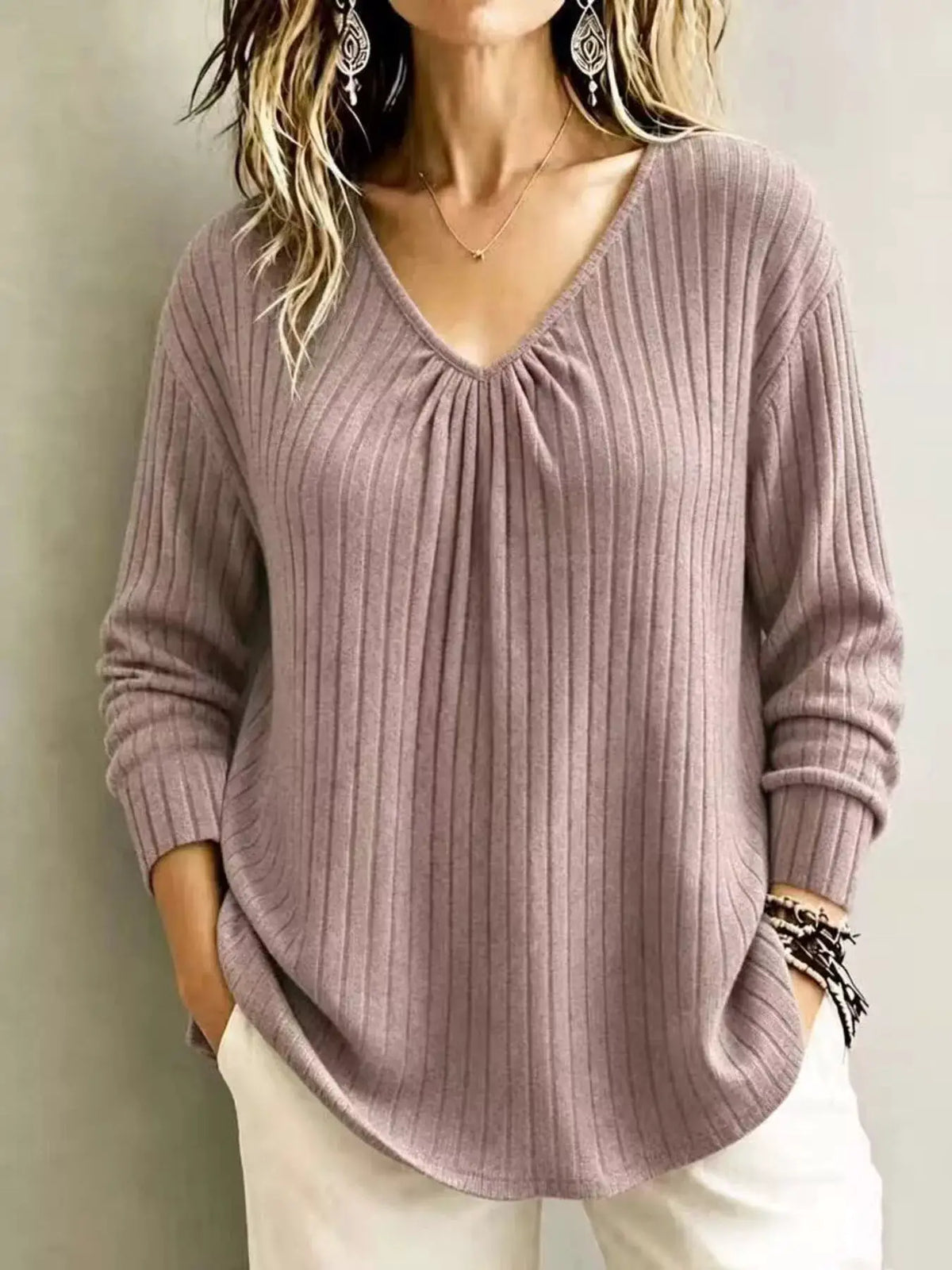 V-Neck Ribbed Long Sleeve T-Shirt by Trendsi