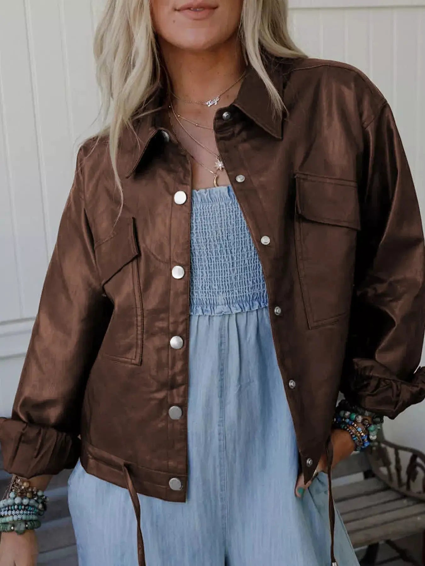 Double Flap Pocket Drawstring Hem Leather Jacket by Trendsi